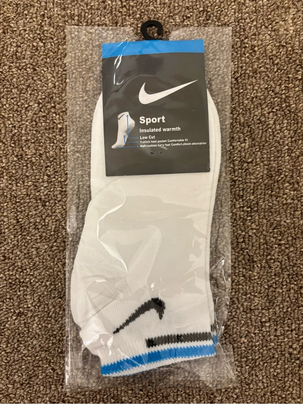 Nike White Low-Cut Athletic Socks with Blue and Black Trim